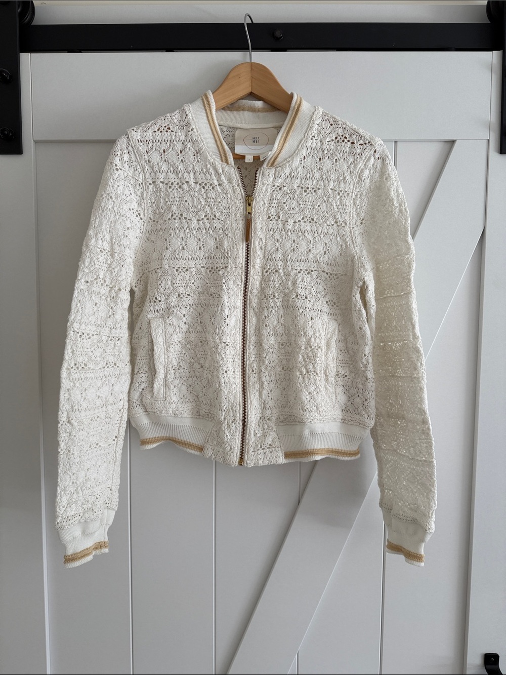 Cream Lace Bomber Jacket with Gold-Trim Accents